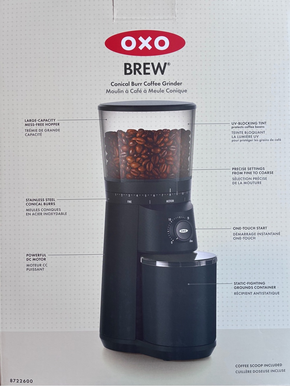 Oxo Brew Conical Burr Coffee Grinder in Black with UV ray Hopper - Picture 9 of 10